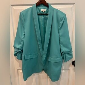 ODDY Open Front Blazer Jacket Pockets Ruch Sleeve Turquoise Women’s Size 3XL